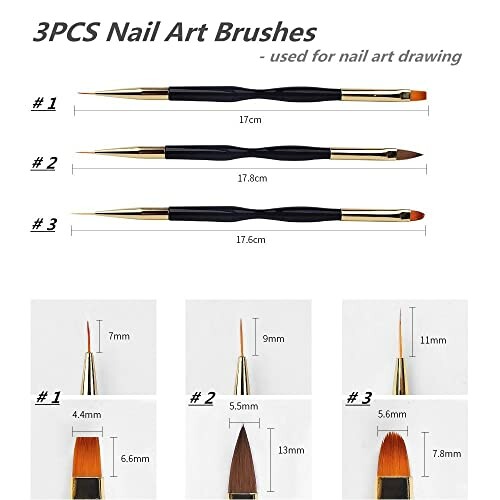 Set of 3 nail art brushes with size details for drawing.