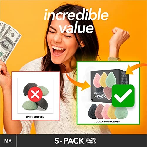 Woman excited about 5-pack of organic konjac sponges with comparison to 4-pack.