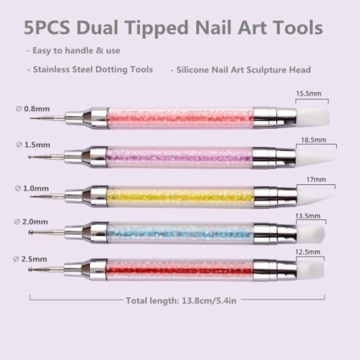 5PCS Dual-Ended Nail Art Sculpture Pen Dotting Tools with 3PCS Nail Painting Brushes, Silicone Nail Polish Brushes Stainless Steel Carving Drawing Tool, Acrylic Rhinestone Handle