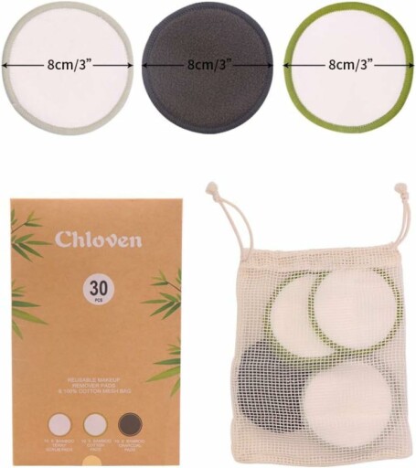 Reusable makeup remover pads with bamboo and cotton materials.