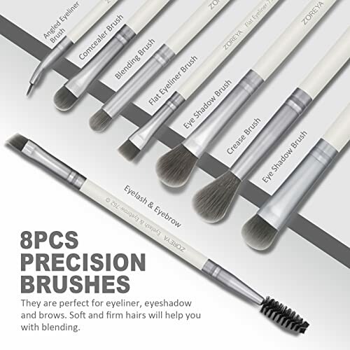 Set of 8 precision makeup brushes for eyes and brows.