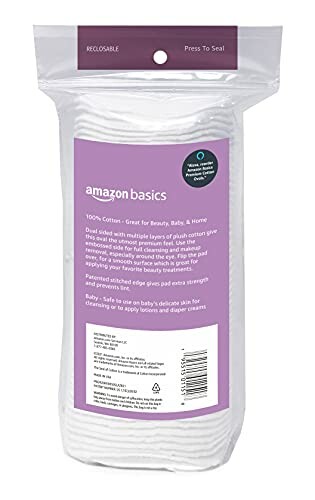 Amazon Basics 100% cotton pads package with resealable feature.