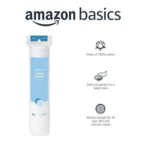 Amazon Basics cotton rounds packaging with product features.