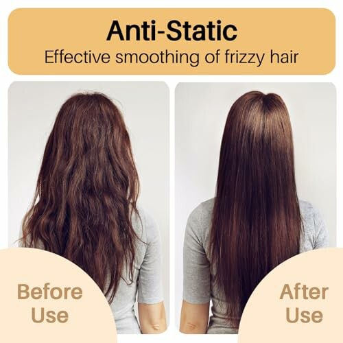 Comparison of hair before and after anti-static treatment, showing smoother hair.