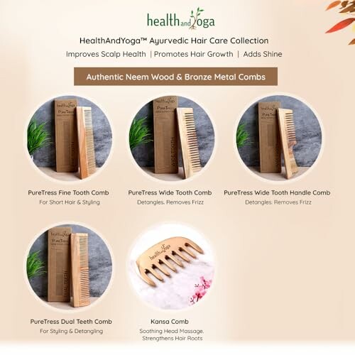 Ayurvedic neem wood and bronze metal comb collection for hair care