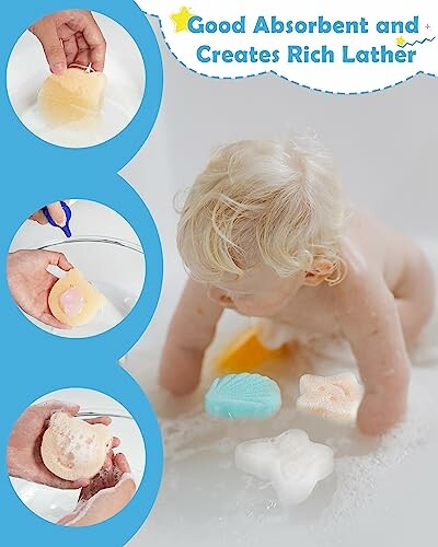 Baby playing with bath sponges in water.