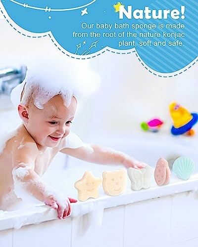 Baby playing with bath sponges in the tub.