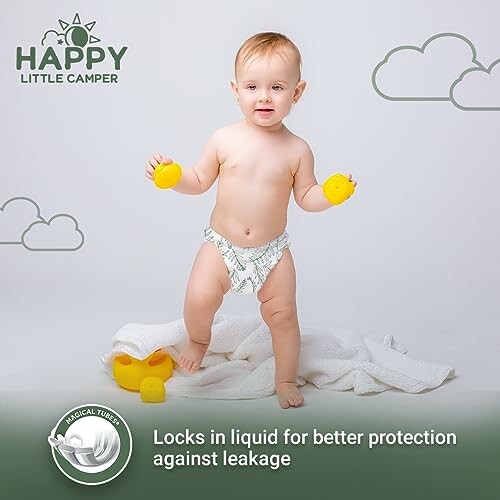 Baby in diaper holding toys with text about leakage protection.