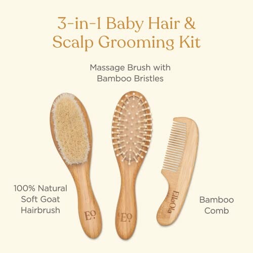 3-in-1 baby hair and scalp grooming kit with brushes and comb.