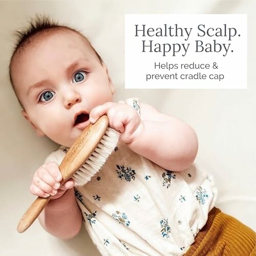 Baby holding a wooden brush with text about healthy scalp and cradle cap prevention.