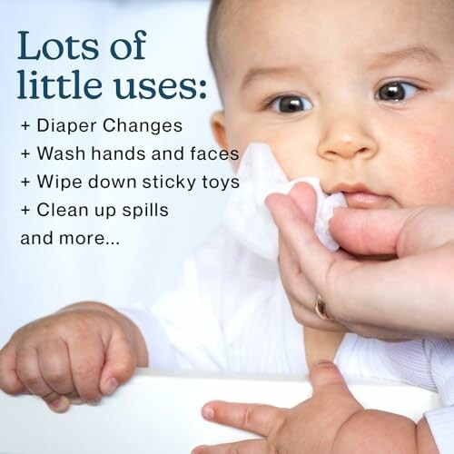 Adult wiping baby's face with text listing uses for wipes.