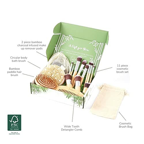 Bamboo beauty gift set with brushes, comb, and body brush.