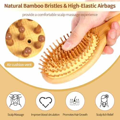 Hand holding a bamboo bristle hairbrush with high-elastic airbags for scalp massage and hair growth benefits