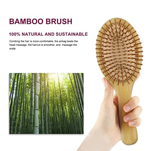 A hand holding the MRD Hair Brush with a bamboo forest background, highlighting the eco-friendly materials used.