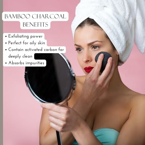 Woman using bamboo charcoal sponge for skincare