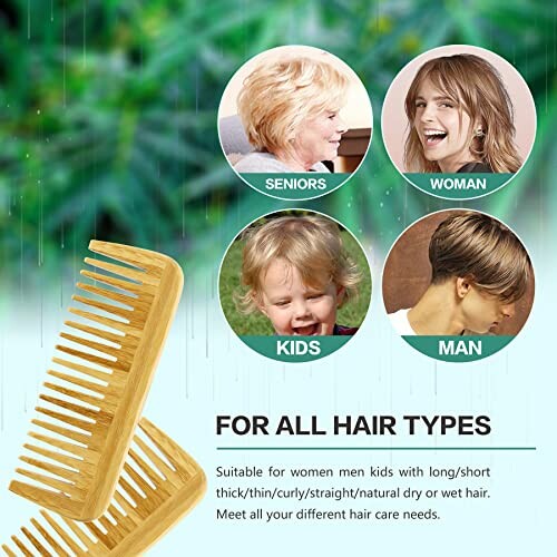 Bamboo comb suitable for all hair types with images of seniors, women, kids, and men.