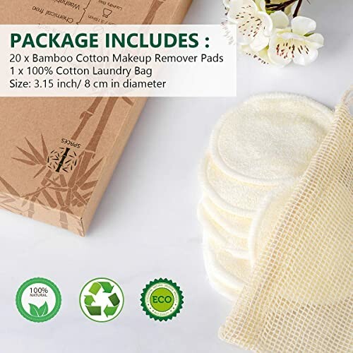 Bamboo cotton makeup remover pads with laundry bag and eco-friendly packaging.