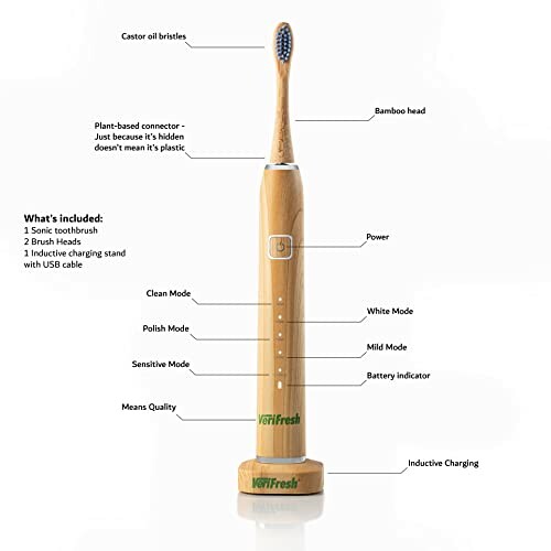 Bamboo electric toothbrush with labeled features and accessories.