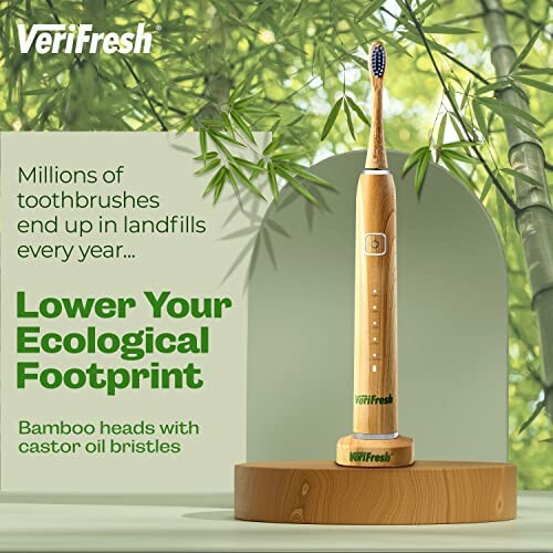 Bamboo electric toothbrush with castor oil bristles on bamboo stand.