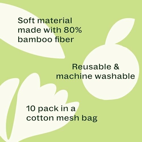 Green background with text promoting bamboo fiber cloth, reusable and machine washable, 10 pack in cotton mesh bag.