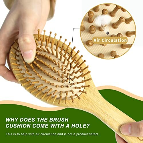 A hand holding the MRD Hair Brush with the air cushion hole visible.