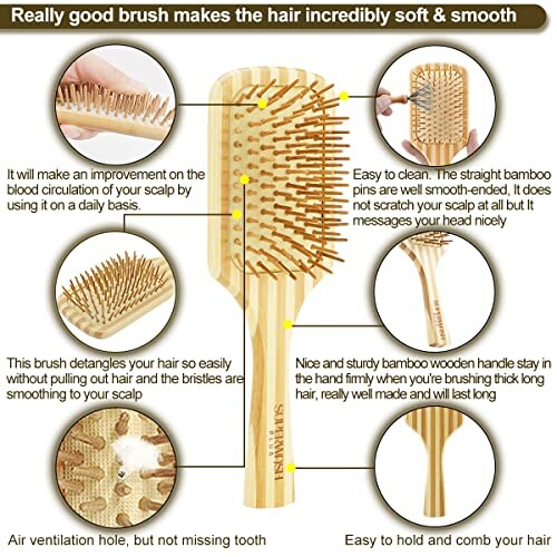 Bamboo hair brush with features and benefits highlighted.