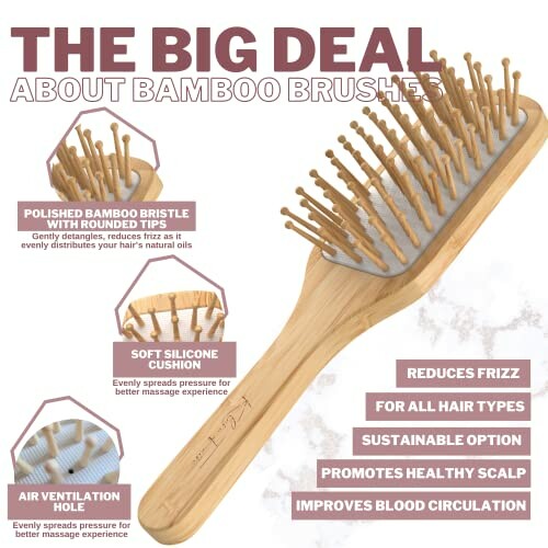 Bamboo hair brush with benefits highlighted, including polished bristles and silicone cushion.