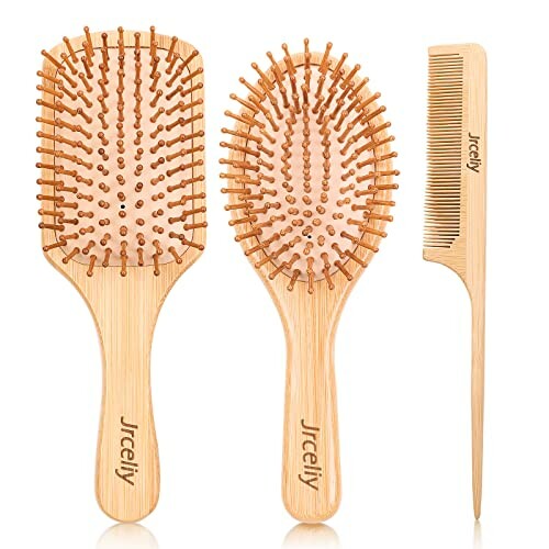 Bamboo hair brush and comb set with three pieces.