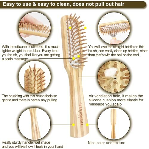 Bamboo hair brush with silicone bristles and ergonomic handle.