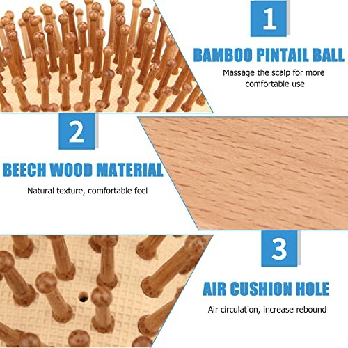 Features of a bamboo hair brush with bamboo pins, beech wood material, and air cushion hole.