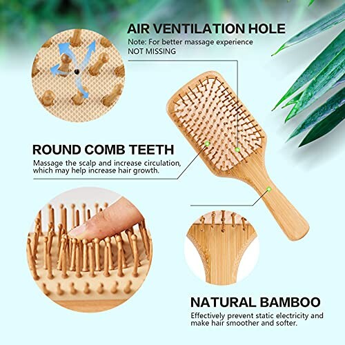 Bamboo hair brush with air ventilation hole, round comb teeth, and natural bamboo material.