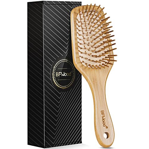 Bamboo hair brush with wooden bristles and black box packaging.