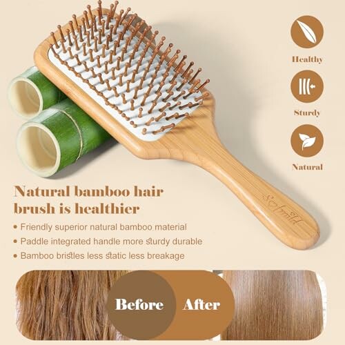 Natural bamboo hair brush with benefits and before-after hair images.