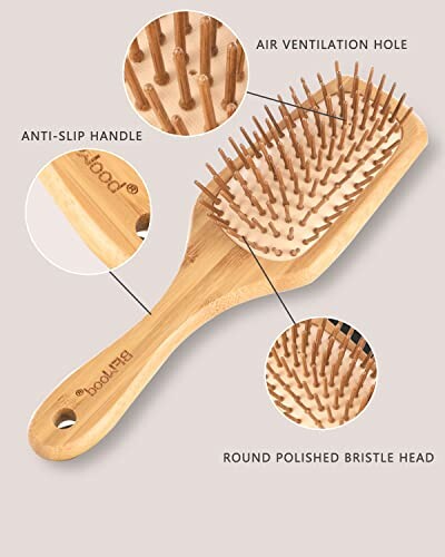 Bamboo hair brush with anti-slip handle and air ventilation holes