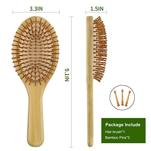 The MRD Hair Brush with dimensions and included bamboo pins, highlighting the product's features and benefits.