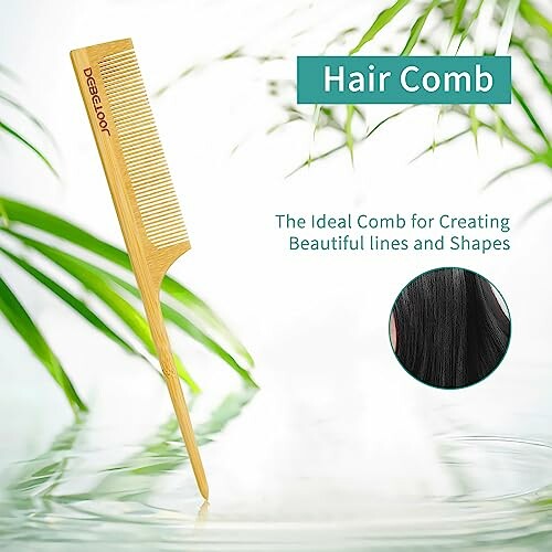 Bamboo hair comb with green leaves background.