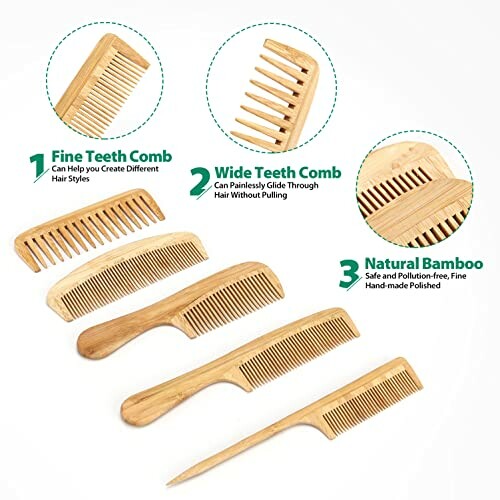 Set of bamboo hair combs with fine and wide teeth.