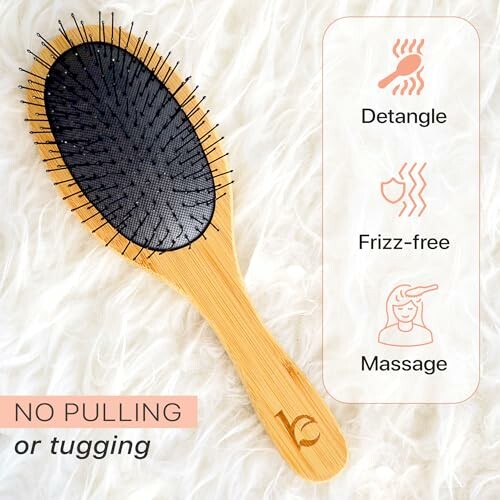 Bamboo hairbrush with benefits listed: detangle, frizz-free, massage.