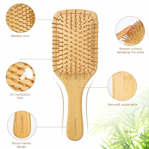 Bamboo hairbrush with features highlighted, including bamboo pins, round handle, and air ventilation.