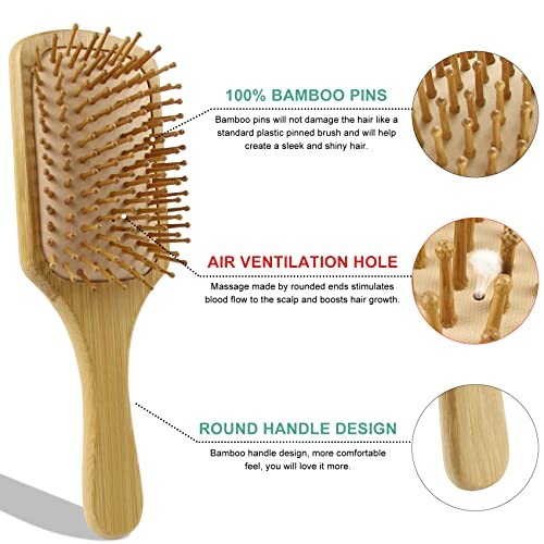 Bamboo hairbrush with features highlighted, including bamboo pins, air ventilation hole, and round handle design.