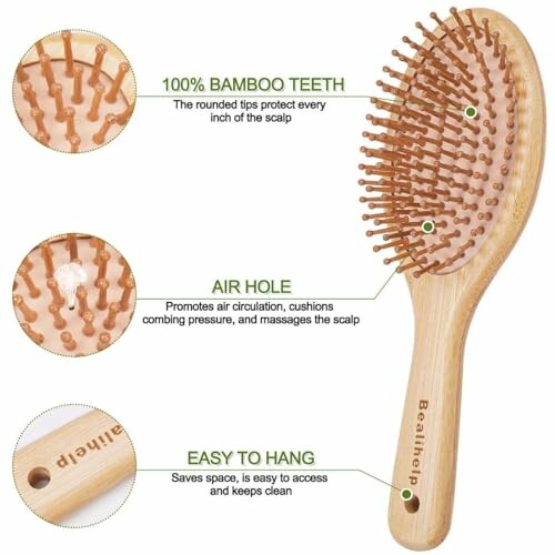 Bamboo hairbrush with features including rounded tips, air hole, and hanging loop.