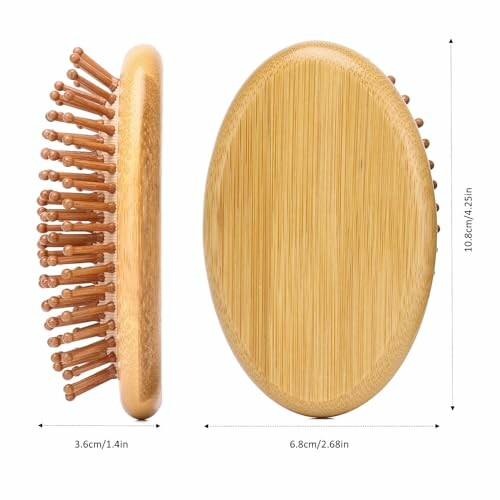 Bamboo hairbrush with wooden bristles, side and top view.