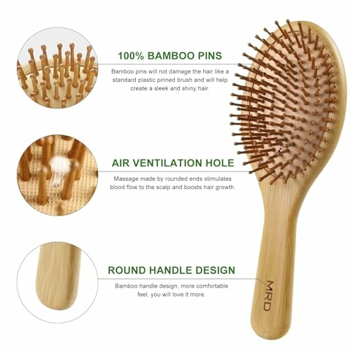 Bamboo hairbrush with bamboo pins, air ventilation hole, and round handle design.