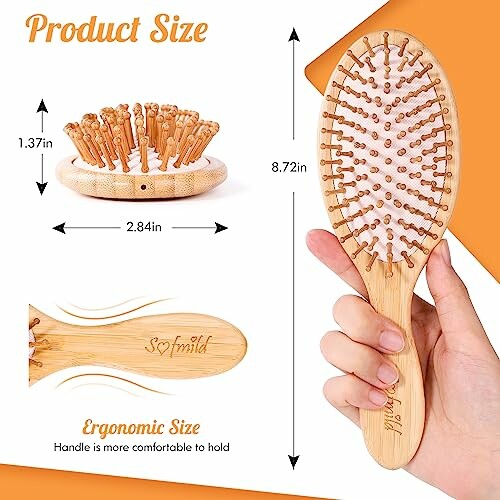 Bamboo hairbrush with ergonomic design and product dimensions.