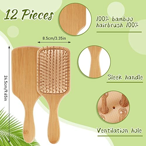 Set of 12 bamboo hairbrushes with sleek handle and ventilation hole.