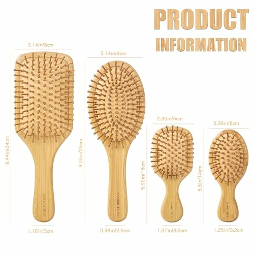 Four bamboo hairbrushes of different sizes with measurements.