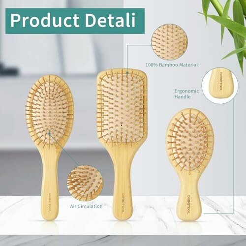 Set of bamboo hairbrushes with ergonomic handles and air circulation feature.