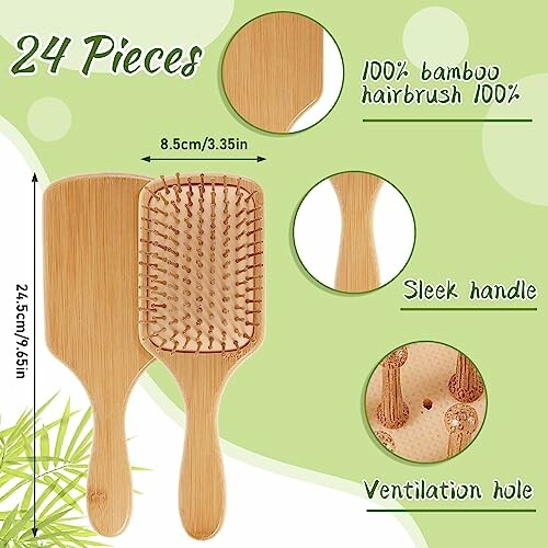 Bamboo hairbrush set with 24 pieces, featuring sleek handle and ventilation hole.