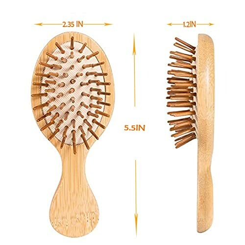 Bamboo hairbrush with wooden bristles, front and side view.