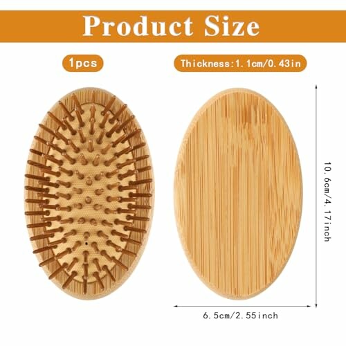 Bamboo scalp massager brush with dimensions and product size.